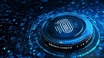 Poster - A futuristic digital fingerprint scanner with a blue glow, surrounded by data streams, representing advanced technology and security.