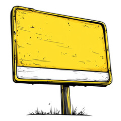 Leinwandbilder - A hand drawn illustration of a weathered yellow sign with a blank space for text, mounted on a wooden post in grass.