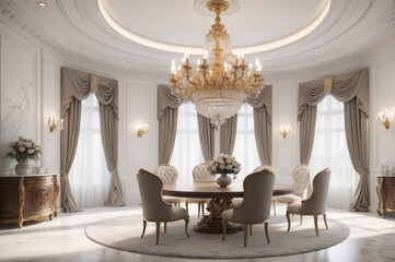 Luxurious dining room with large round table, elegant chairs, and a crystal chandelier.