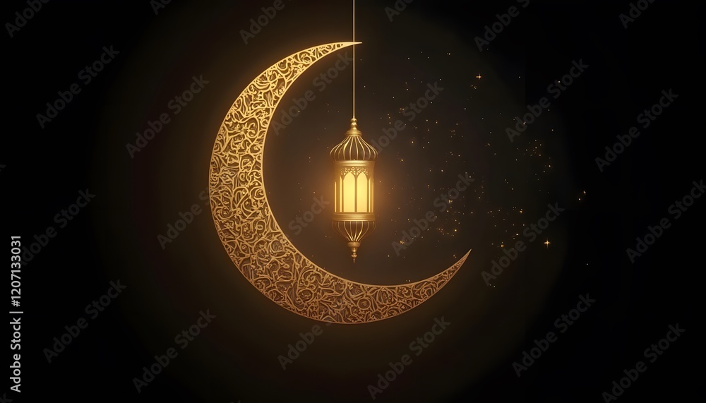 Greeting Card With Golden Crescent Moon Lantern Ramadan Background. You ...