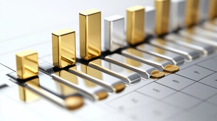 Leinwandbilder - A D bar graph with gold and silver bars illustrating financial performance, displayed on a reflective surface with soft shadows for a luxurious look