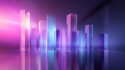 Leinwandbilder - A D bar graph with tall, transparent bars in shades of blue and purple, set on a reflective surface with a soft spotlight effect