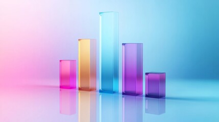 Leinwandbilder - A D bar graph with vibrant, semi-transparent bars of varying heights on a gradient blue background, with reflections adding a sleek, polished effect