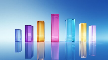 Fototapete - A D bar graph with vibrant, semi-transparent bars of varying heights on a gradient blue background, with reflections adding a sleek, polished effect