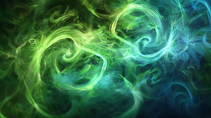 Wall Mural - this is an abstract image of glowing green and blue smoke. the smoke is swirling and curling, creati