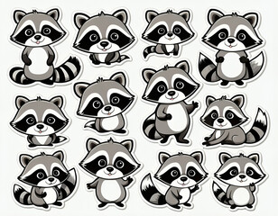 set of racoon in sticker style