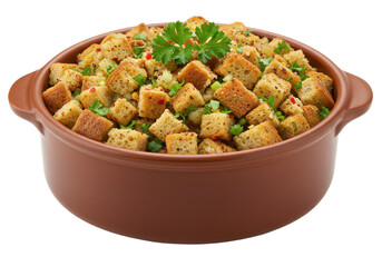 A brown ceramic bowl filled with freshly baked bread stuffing, garnished with parsley and spices