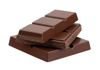 Three stacked dark chocolate bars with clean edges and smooth surfaces, isolated on a white background