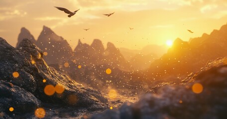 Wall Mural - sunset over dramatic rocky coastline with birds in flight.