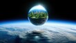 © antishock - Glowing sphere above Earth with forests, oceans, and cities inside symbolizes hope and balance of nature, urban life, and sustainability for humanity's future