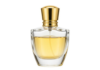 A transparent glass perfume bottle with golden liquid and a metallic gold cap, isolated on a white background