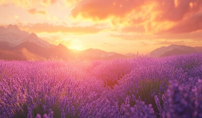Wall Mural - vibrant sunset over a vast lavender field in mountainous landscape.