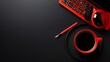 © ZRO - Red workspace coffee, keyboard, headphones, pen.  Dark background. Office productivity concept