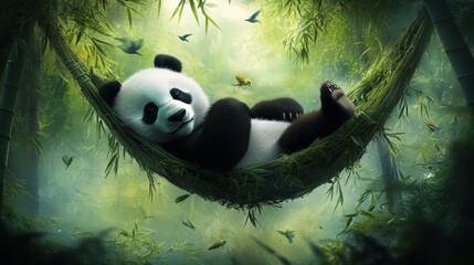 Wall Mural - panda taking a peaceful nap in a hammock of bamboo leaves,