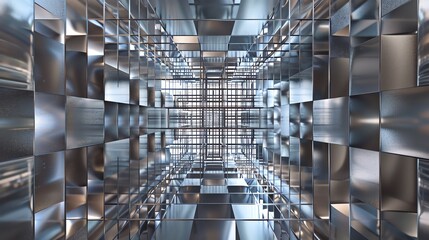 Wall Mural - the image is a 3d rendering of a futuristic tunnel. the tunnel is made of reflective metal and has a
