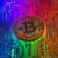 Poster - Golden Bitcoin cryptocurrency on colorful circuit board.