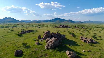 Poster - Aerial shot of scenic grassland dotted with boulders Realistic photograph