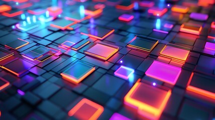 Wall Mural - 3d rendering of a circuit board with glowing neon lights. the background is dark blue, with a grid o
