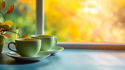 Wall Mural - Green tea in whit teacups on a kitchen table in front of an open windowsill isolated on a colorful background