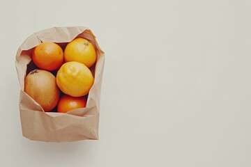 Wall Mural - Fresh citrus fruits in a brown paper bag on white background.