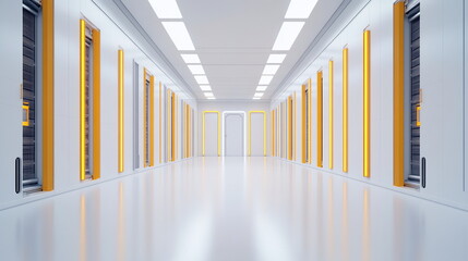 Fototapete - Sleek Modern Data Center Hallway with Bright LED Lighting and Doors