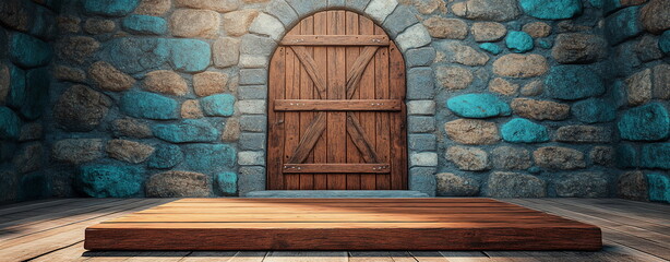 Aufkleber - Rustic wooden platform in front of ancient stone wall and door