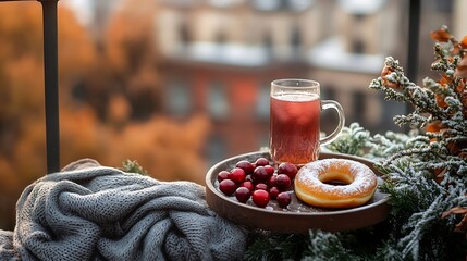 Wall Mural - Maple donuts with a sparkling cranberry spritzer and a satin scarf on a cozy rooftop garden