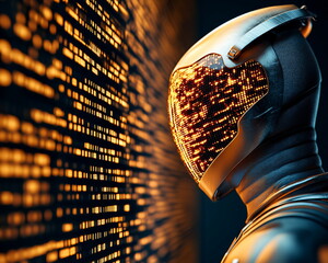 Fototapete - Futuristic Robot in Metallic Suit with Glowing Data Patterns on Wall