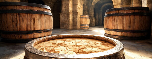 Poster - Rustic Underground Cellar with Wooden Barrels and Stone Archways