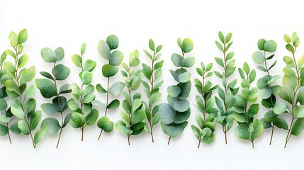 Wall Mural - Green eucalyptus branches on white background creating a natural border for design projects