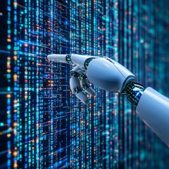 Poster - Robotic hand interacts with digital binary code on a screen.