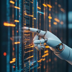 Poster - Robotic hand interacting with digital code on a large screen.