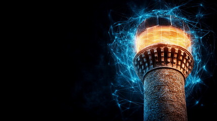Fototapete - Futuristic Water Tower with Digital Effects and Glowing Lights at Night