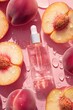 © Inna beauty - An artistic arrangement of ripe peaches surrounding a luxurious skin serum bottle, reflecting freshness and purity.