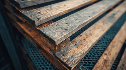 Poster - Close-up View of Stacked Wooden Planks on Metal Mesh Surface