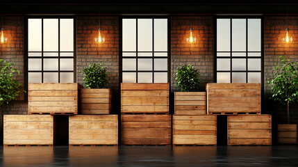 Poster - Rustic wooden crates arranged in a modern industrial interior space