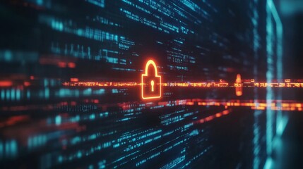 Poster - A digital lock symbol overlaid on a computer screen displaying sensitive data, illustrating the concept of protecting digital information.
