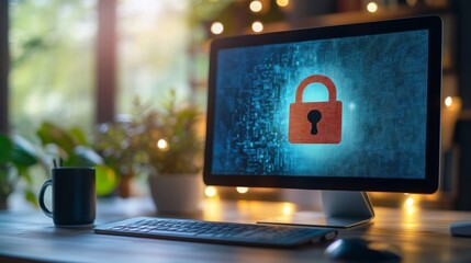 Fototapete - A digital lock with an exclamation mark, symbolizing data theft and unauthorized access, with online crime threats visible on a monitor.