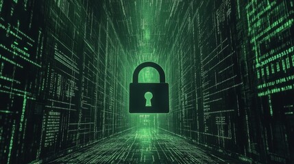 Fototapete - A digital padlock on a computer screen, with binary code in the background, symbolizing online data protection and encryption.