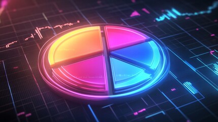 Poster - A digital pie chart with multicolored segments, glowing slightly against a dark grid background, conveying a high-tech financial data concept
