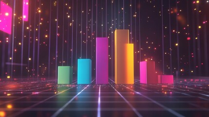 Aufkleber - A dynamic D bar graph with multicolored bars arranged in a rising trend, displayed on a digital grid background with glowing highlights