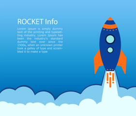 blue rocket takes off into stars space . business startup text rocketdock, rocket space ship in flat