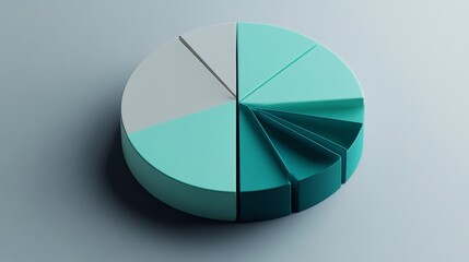 Poster - A dynamic pie chart with segmented portions in shades of blue and green, placed on a minimalist gray background, illustrating financial distribution