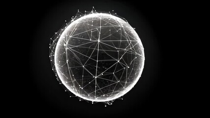 Black and white image of a sphere with many lines and dots. The sphere is the main focus of the image