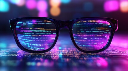 Futuristic Glasses with Colorful Digital Code Reflections