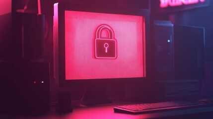 Poster - A lock symbol on a computer monitor with a password input screen, representing secure login and protection of data.