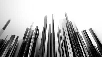 Poster - A minimalist D bar graph with metallic bars in gray tones, set on a white reflective surface with clean lines and soft shadows for a professional style