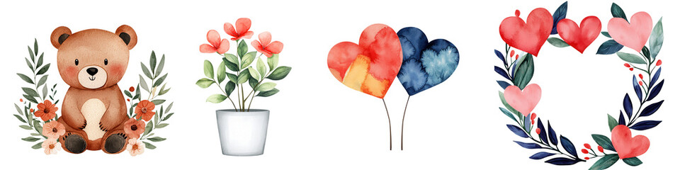 Wall Mural - Cute bear with flowers and hearts in watercolor style for decoration, isolated on transparent background.