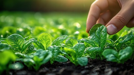 Wall Mural - Hand picking fresh spinach leaves in a field.