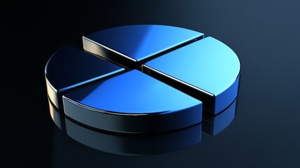 Leinwandbilder - A minimalist pie chart with metallic segments in blue tones, on a reflective black background, with a subtle light effect to add depth